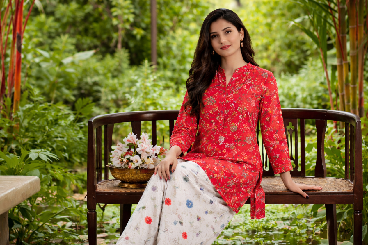 Woman in a red and white traditional outfit sitting on a bench in a garden.